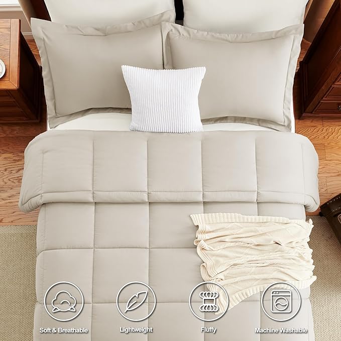 CozyLux King Size Comforter Set - 270GSM Beige Bedding Sets for All Seasons Size, 3 Pieces Box Stitched Bed Set with 1 Down Alternative Comforter and 2 Pillow Shams, Soft, Lightweight, Durable