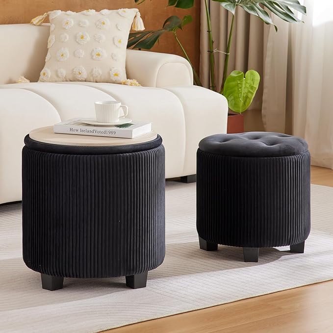 BLEXA Big Round Ottoman with Storage Set of 2-Upholstered Velvet Vanity Stool for Makeup Multifunctional Foot Rest Coffee Table Padded Seat Tufted Ottomans for Living Room&Bedroom (Big Black)
