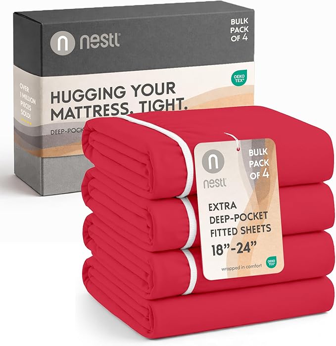 Nestl 4 Pack Red Fitted Sheet Extra Deep Pocket, Hotel Luxury FullFitted Sheet Only Easily Fits 18 to 24 Inch Mattress, Super Soft, Wrinkle-Free and Breathable with Corner Straps