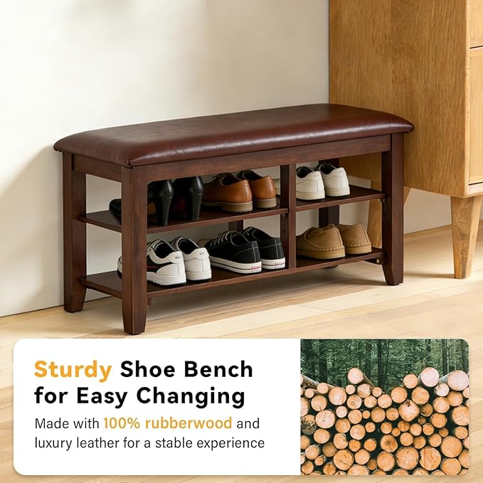 PY HOME & SPORTS Shoe Rack for Entryway 31.5": 2-Tier Shoe Storage Bench, Adjustable/Removable Shelves, Rubberwood Shoe Benches for Hallway, Porch, Bathroom, Brown