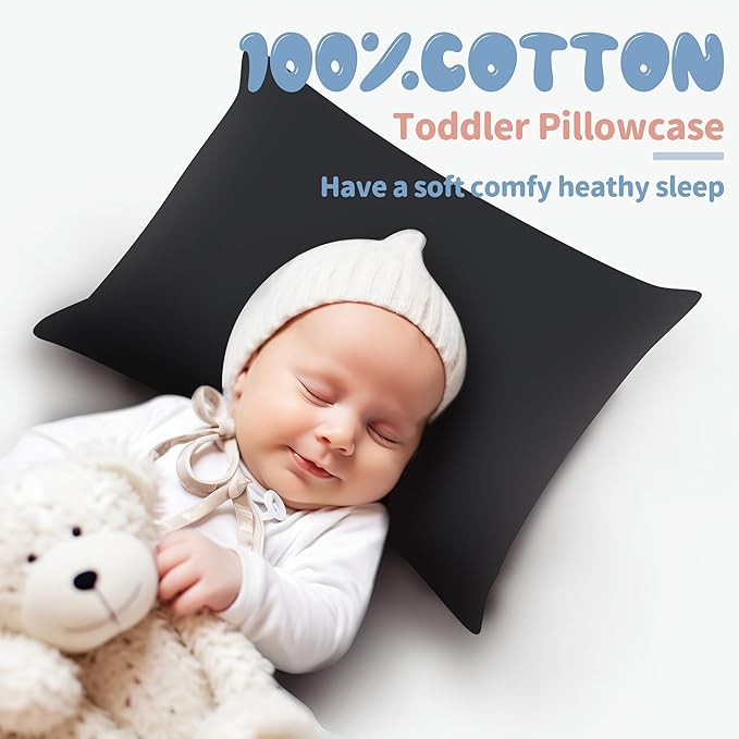 100% Egyptian Cotton Toddler Pillowcases Set of 2, 400 Thread Count Sateen Weave Small Pillow Protectors, Super Soft Breathable Zippered Pillow Covers 13x18 Inches (Black, Toddler)
