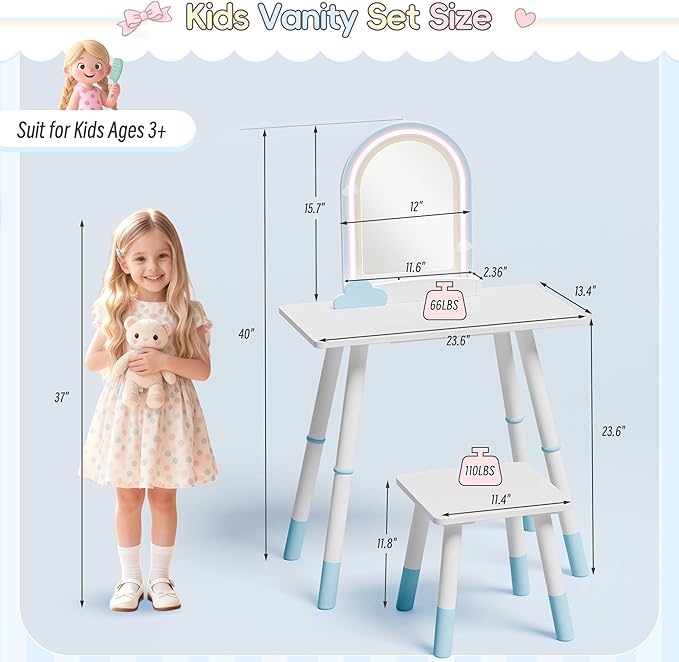 TOLEAD Blue Kids Vanity Table and Chair Set, Adjustable Height Kids Vanity with LED Lights, Princess Girls Vanity Set with Stool, Toddler Make Up Vanity Desk with Storage Space for Little Girls