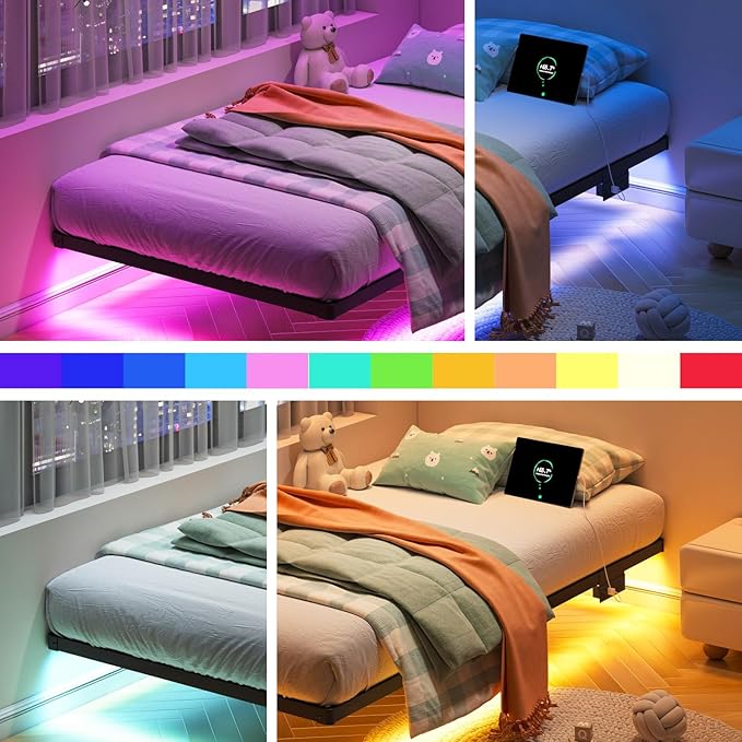 HAVONIZD Floating Bed Frame Twin with LED Lights and Charging Station - 8 inch Platform Bed Frame No Box Spring Needed, Easy Assembly