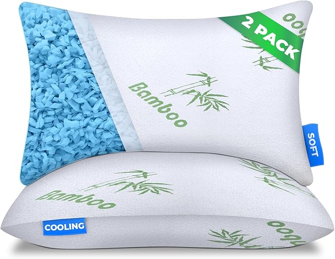 Sleepavo Adjustable Cooling Pillows Queen Size Set of 2 Pack - Extra Soft Shredded Memory Foam Best Pillows for Sleeping - Back, Stomach, Side Sleeper Pillow Medium Firm - Rayon Derived from Bamboo