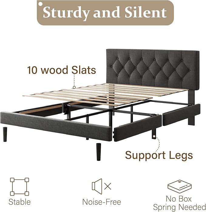 CXVX Full Size Platform Bed Frame with Upholstered Headboard, Button Tufted Design, Strong Wooden Slats, No Box Spring Needed, Easy Assembly, Noise Free