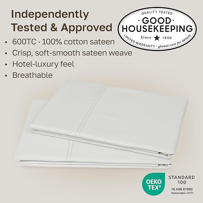 California Design Den Queen Pillow Cases Set of 2 - Premium 600 Thread Count, 100% Cotton Pillowcases Standard, Breathable Sateen, Fits Standard & Queen Pillows - Eggshell Cream