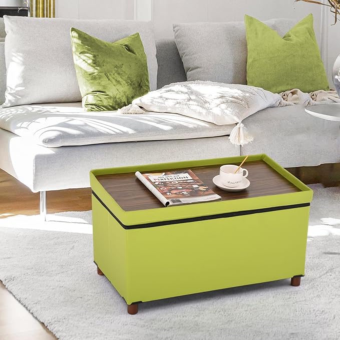 Dorriss Storage Ottoman for Living Room Ottoman with Tray Bedroom Foot Rest Stool with Legs Small Ottomans Coffee Table Foldable Footstool Faxu Leather (Light Green)