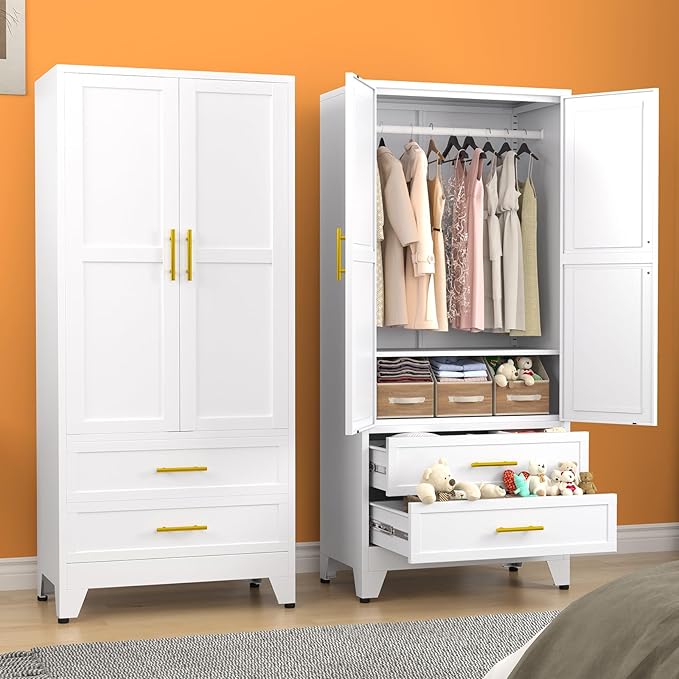 erosoei Metal Armoire Wardrobe Closet, 71 "Metal Clothing Storage Cabinet with Adjustable Shelves and Hanging Rod, Household Steel Wardrobe Storage Cabinet with Drawers (armoire-White)