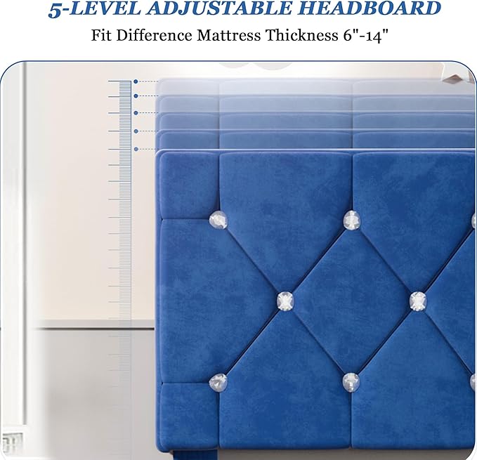 VECELO Twin Size Bed Frame, Upholstered Platform with Adjustable Diamond Tufted Headboard, Wood Slat Support, No Box Spring Needed, Navy Blue