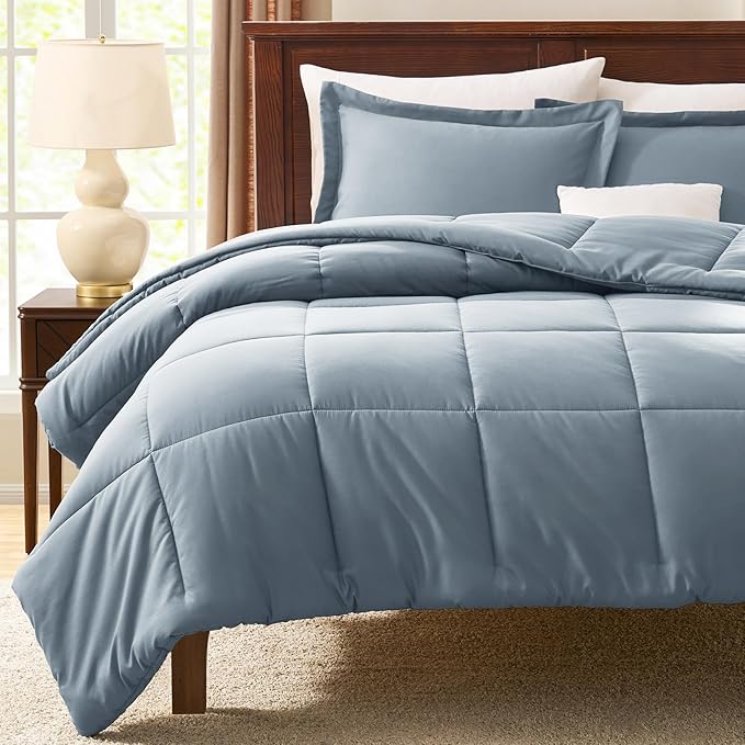CozyLux Oversized King Comforter Set, 270GSM Grayish Blue Bedding Sets for All Seasons, 3 Pieces 120x98 Bed Set with 1 Down Alternative Comforter and 2 Pillow Shams, Soft, Lightweight, Breathable