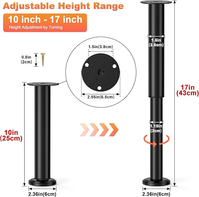 Wlrrcwdttc 4 Pcs Adjustable Bed Center Support Legs 10-17 inch for Bed Frame/Bed Center Slat, Metal Adjustable Furniture Legs for Bed/Cabinet/Sofa/Dresser/Couch/Table,Heavy Duty Bed Replacement Legs