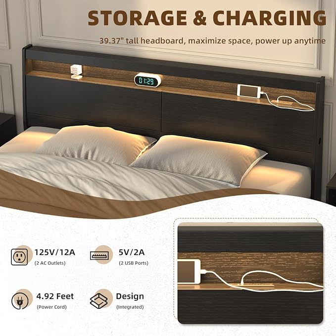 Wall Mount Wooden Headboard Only with Storage, Skirting Groove for Enhanced Stability, Built-in Power Outlet, 2 USB Ports & LED Light - Sturdy Stable Bed Backboard (Black, King (U.S. Standard))