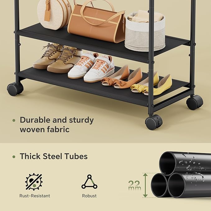 Simple Trending Clothes Rack for Hanging Clothes, Double Rod Clothing Rack with Shelves Load 400 LBS, Garment Rack with Wheels, Black