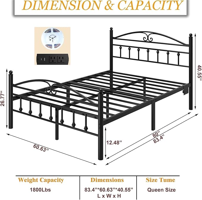 Queen Bed Frame with Headboard,Black Metal Platform Bed Frame Queen Size with LED Lights & Charging Station,Heavy Duty Metal Steel Slats,No Box Spring Needed,Noise Free,Easy to Assemble