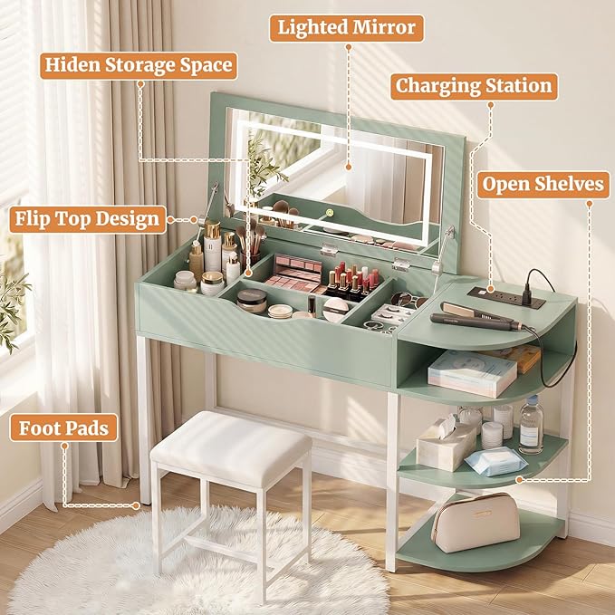 Cyclysio Vanity Desk with Flip Top Mirror and Lights, Makeup Vanity Desk with Drawers, Dressing Table with Storage Shelves & Charging Station, Small Vanity for Small Spaces, Green