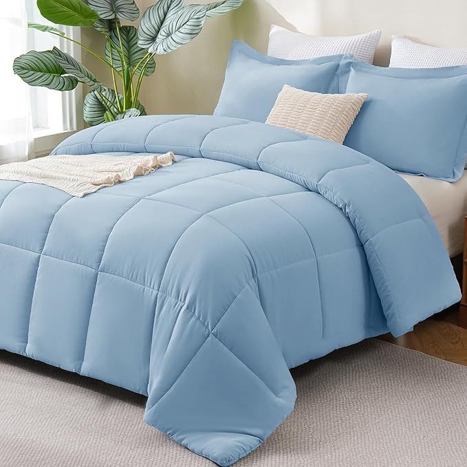CozyLux King Size Comforter Set - 270GSM Baby Blue Bedding Sets for All Seasons, 3 Pieces Box Stitched Bed Set with 1 Down Alternative Comforter and 2 Pillow Shams, Soft, Lightweight, Durable