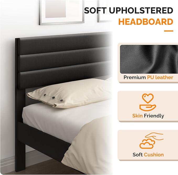 VINGLI Full Faux Leather Bed Frame, Upholstered Platform Bed with Adjustable Headboard, Wood Mattress Foundation with Heavy Duty Slats Support,Luxury Modern,No Box Spring Needed, Black