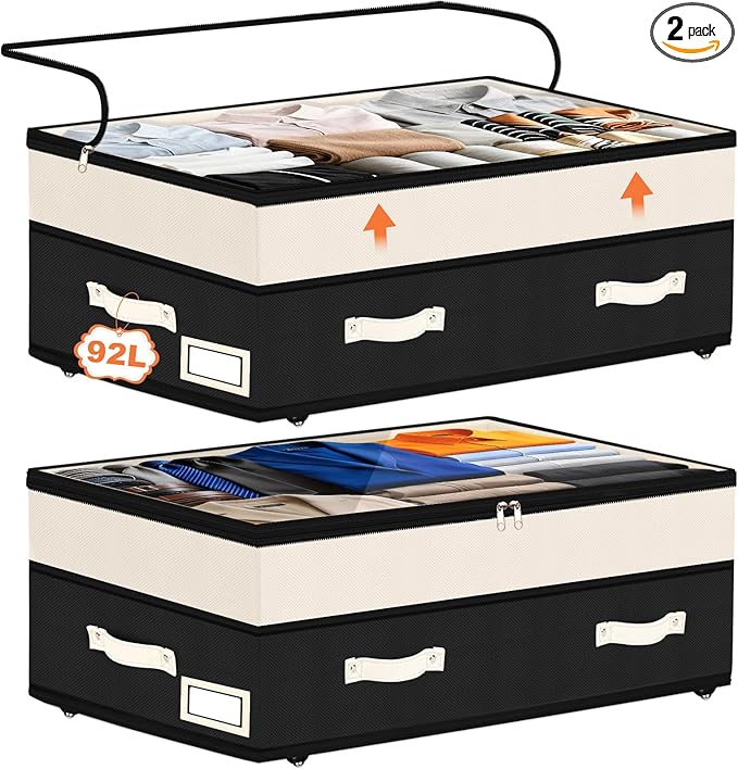Dolicer 2 Pack Under Bed Storage with Wheels, 6in-10in Height Adjustable Underbed Storage Containers, 92L XXXL Under Bed Drawers Rolling Bin with Clear Lids for Dorm Shoes Clothes Organizers(Black)