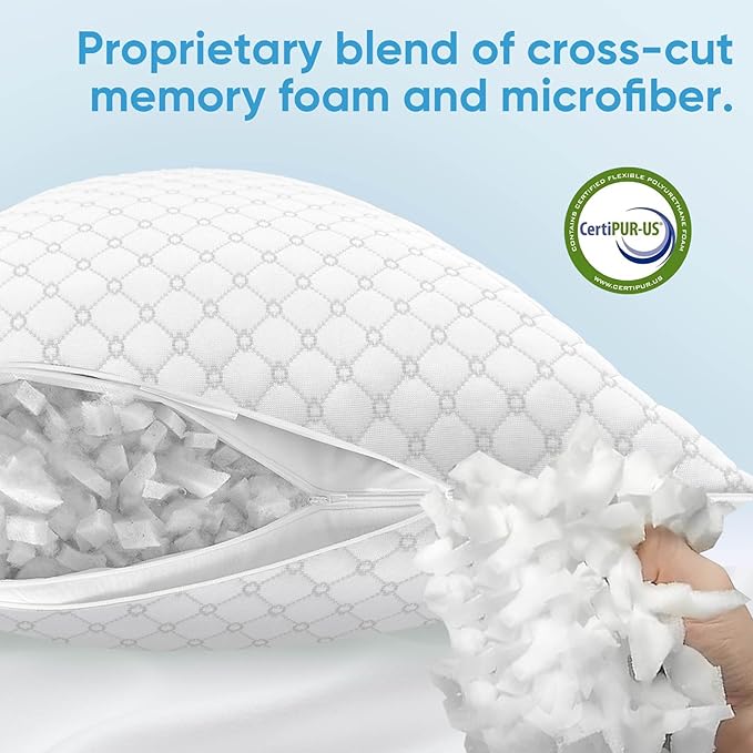 OAISZ Shredded Memory Foam Pillow, Standard Size Cooling Adjustable Firm Bed Pillow for Sleeping, Washable Removable Cover, Ideal for Side, Back & Stomach Sleepers