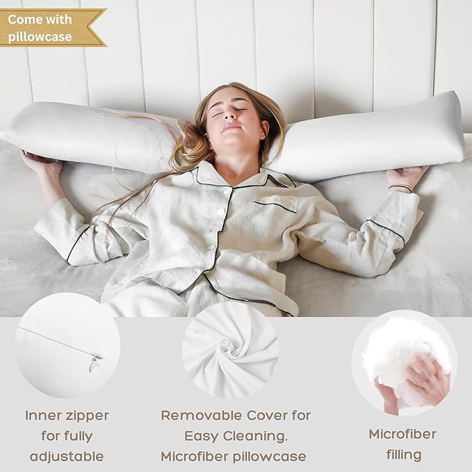 Body Pillow for Side Sleeper, 9x48 Inches Full Body Pillow with Cover, Made with Soft Material and Filled with Polyester for Adults, Adjustable Inner Core, (Pillow with White Cover)
