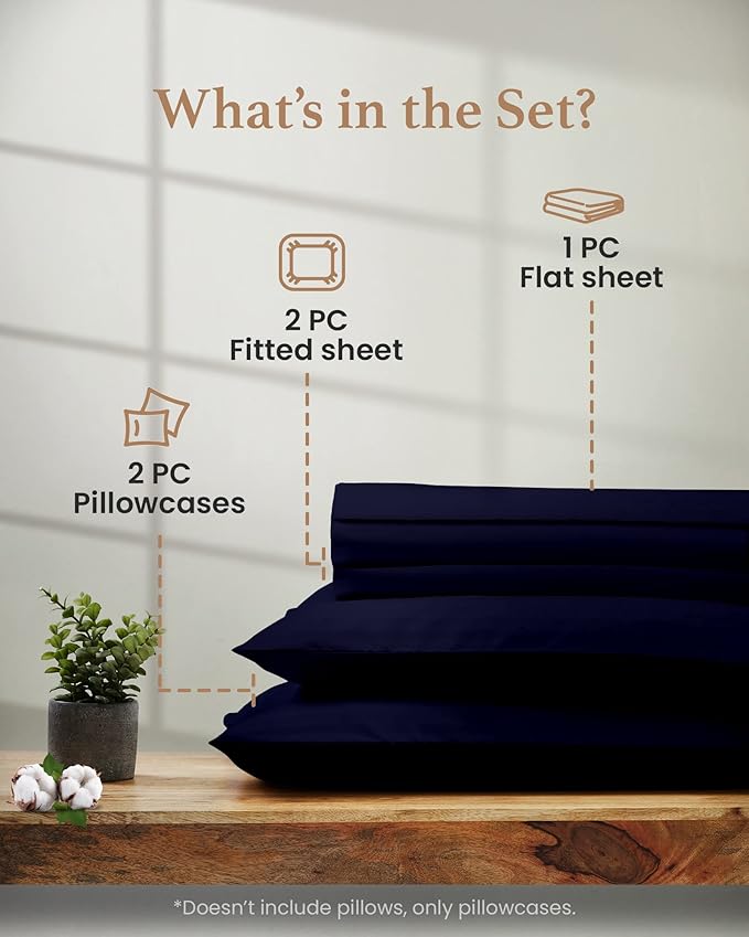 Good Sleep Bedding Split King Sheets for Adjustable Bed, 5 Piece, 100% Egyptian Cotton Sheet & Pillowcase Sets, Sateen Weave, Ultra-Soft, 16" Deep Pocket Adjustable Bed Sheets - Navy Blue