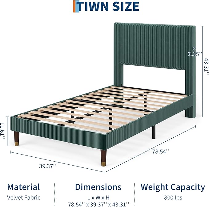 GarveeHome Twin Size Bed Frame with Upholstered Headboard and Strong Wooden Slats Support, Soft Corduroy Fabric Platform Bed, No Boxing Spring Needed, Easy Assembly, Dark Green
