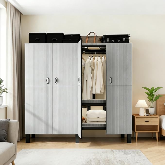 Freestanding Heavy Duty Wardrobe Closet with Magnetic Door, Portable Metal Closets, Foldable Wardrobecloset Organizers and Storage, for Bedrooms, Apartments, and Tenant (Gray, 33.4in)