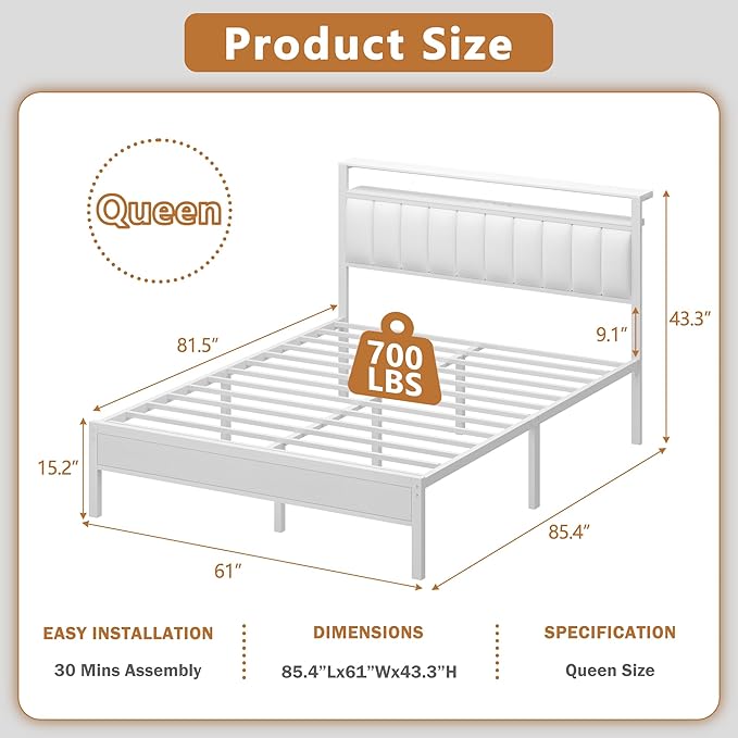 Furnulem White Queen Bed Frame with Charging Station & Led Lights, PU Leather Upholstered Headboard with 2-Tier Storage Shelves, No Box Spring Needed, Metal Slat Support, Easy Assembly