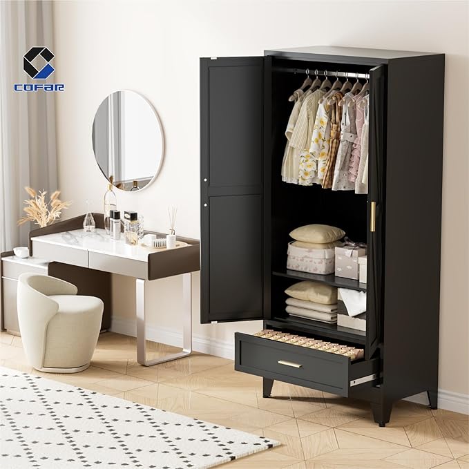 COFaR Metal Wardrobe Closet with Doors, 71'' Tall Armoire Wardrobe Closet with Drawer and Hanging Rod, Freestanding Farmhouse Bedroom Armoires for Bedroom Garage Office, Black