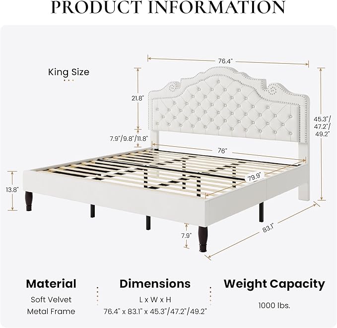 SHA CERLIN King Size Bed Frame with Adjustable Headboard/Velvet Upholstered/Diamond Button Tufted and Metal Studs/No Box Spring Needed/Sturdy Wood Slat Support/Easy Assembly/White