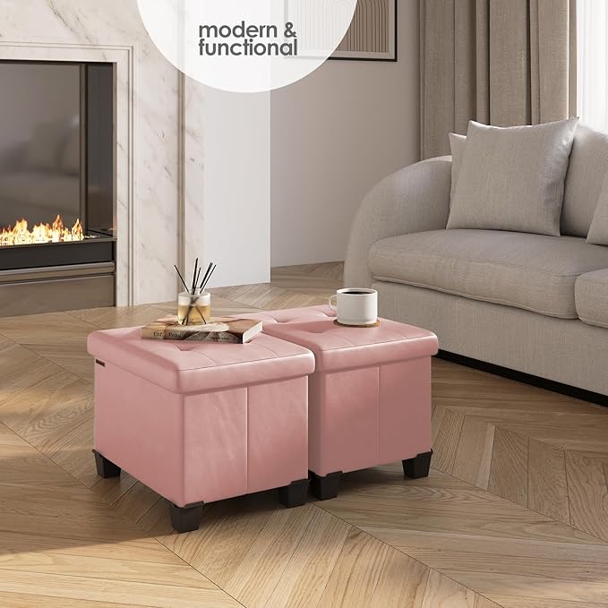 Storage Ottoman Cube with Small Bin, 16-in Square Ottoman with Storage for Living Room and Bedroom, Small Ottomans Foot Rest, Leather Foot Stools Ottomans Max 330lbs, Pink