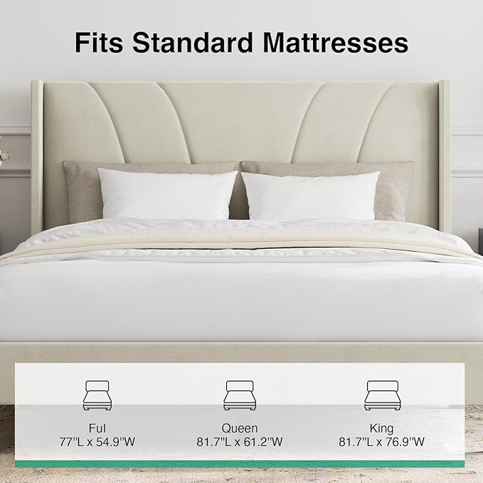 Novilla Bed Frame Queen Size, Queen Bed Frame with Headboard, Velvet Upholstered Wing Side Headboard, No Box Spring Needed, Heavy Duty Feet, Easy Assembly, White Velvet