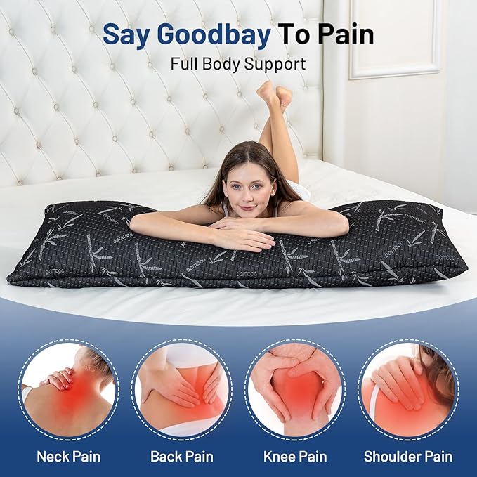 Primesoft Full Body Pillow with Removable Pillowcase for Adults,（Memory Foam Filling）（Long Pillow for Side Sleepers） （Fluffy and Firm）（Adjustable Filling）（20×54 Inch，Black）