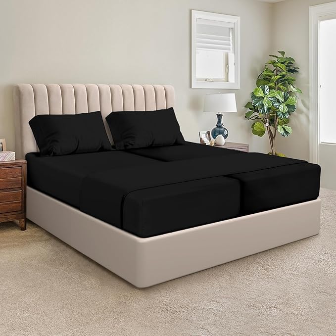 SGI Split King Sheet Set for Adjustable Bed Egyptian Premium Cotton 600 Thread Count Sheets for Sleep Number Bed 15" Deep Pocket 5 Pc Set with 2 Twin XL Fitted Sheets Soft Breathable -Black