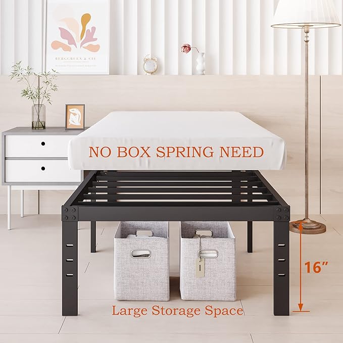 18 Inch Tall-Bed-Frame Twin Size, Heavy Duty Black Metal Bed Frames No Box-Spring Needed, Easy Assembly, Under Bed Storage, Noise Free Mattress-Foundation Support up to 1000Lbs