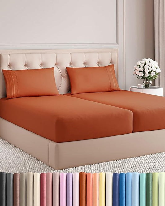 Split King Size 5 Piece Sheet Set - Comfy Breathable & Cooling Sheets - Hotel Luxury Bed Sheets for Women & Men - Deep Pockets, Easy-Fit, Soft & Wrinkle Free Sheets - Terracotta Oeko-Tex Bed Sheets