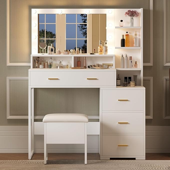 GarveeHome Vanity Desk, Makeup Vanity Table with Mirror & 9 LED Light Bulbs, 4 Large Drawers and 3 Tiers of Open Shelves for Bedroom, White