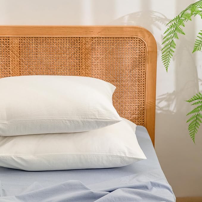 BESTOUCH 100% Washed Cotton Pillowcase for Hair and Skin Linen Feel Soft Comfortable Breathable 2 Set Pillow Case with Envelope Closure Solid Off White Queen 20x30 Inches