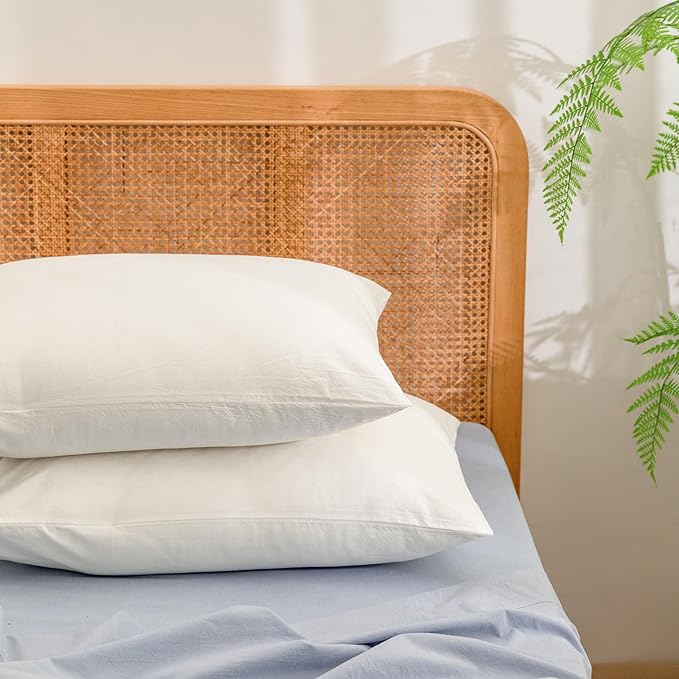 BESTOUCH 100% Washed Cotton Pillowcase for Hair and Skin Linen Feel Soft Comfortable Breathable 2 Set Pillow Case with Envelope Closure Solid Off White Queen 20x30 Inches