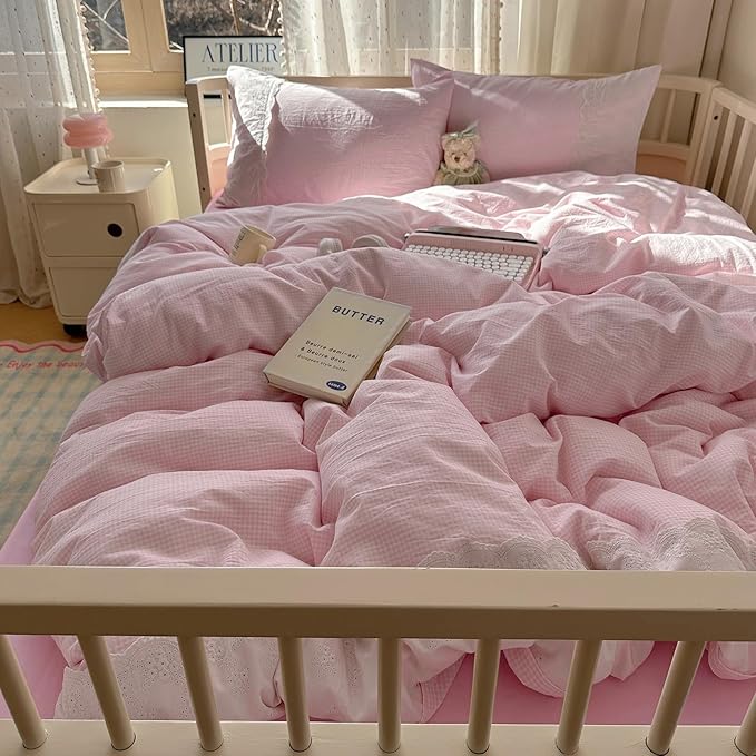 mixinni Pink Gingham Duvet Cover King Size - 3 Piece Cottagecore Plaid Bedding Set with Lace Trim, Soft Washed Microfiber Vintage Aesthetic Grid Comforter Cover & Pillow Shams, (Pink White Gingham)