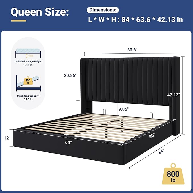 Allewie Queen Size Lift Up Storage Bed Frame, Hydraulic Support System, Upholstered Platform Bed Frame, Underneath Storage, Vertical Channel Tufted Headboard with Wingback, No Box Spring Needed, Black