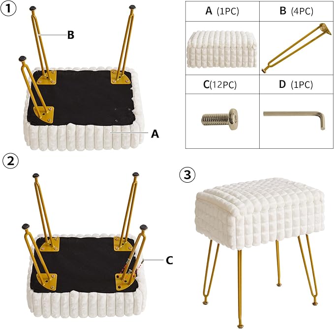 IBUYKE Rectangle Vanity Chair with Storage Space, Footrest Footstool Ottoman, Vanity Stool, Dressing Table Chair, with Anti-Slip Feet, for Makeup Room, Bedroom, Square Grid Pattern, White WBD004W