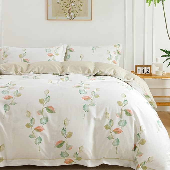 OAITE Duvet Cover Set Twin Size Floral Pattern Ultra Soft 100% Cotton Duvet Cover Sets 3-PC, Breathable Duvet Cover with Zipper Closure & Corner Ties(2 Pillow Shams,1 Duvet Cover)