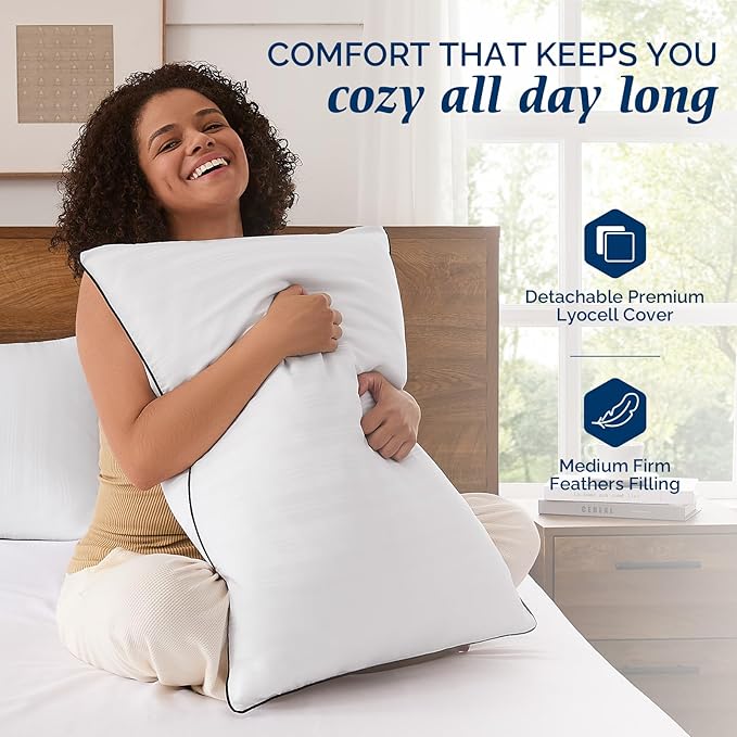 downluxe Goose Feather and Down Pillows - Hotel Collection Feather Pillows for Back, Stomach or Side Sleepers, Bed Pillows King Size Set of 2 (20"x36")