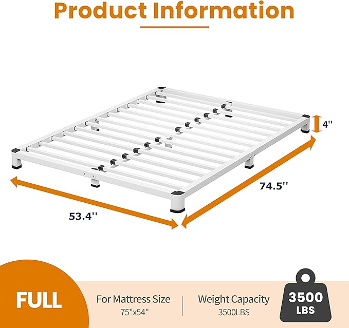 NKZ Full Platform Bed Frame 4 Inch, Heavy Duty Metal Low Profile Bed Frame with Round Corner Legs, 3500lbs Weight Capacity Reinforced Frame, No Box Spring Needed，Noise-Free, Easy Assembly