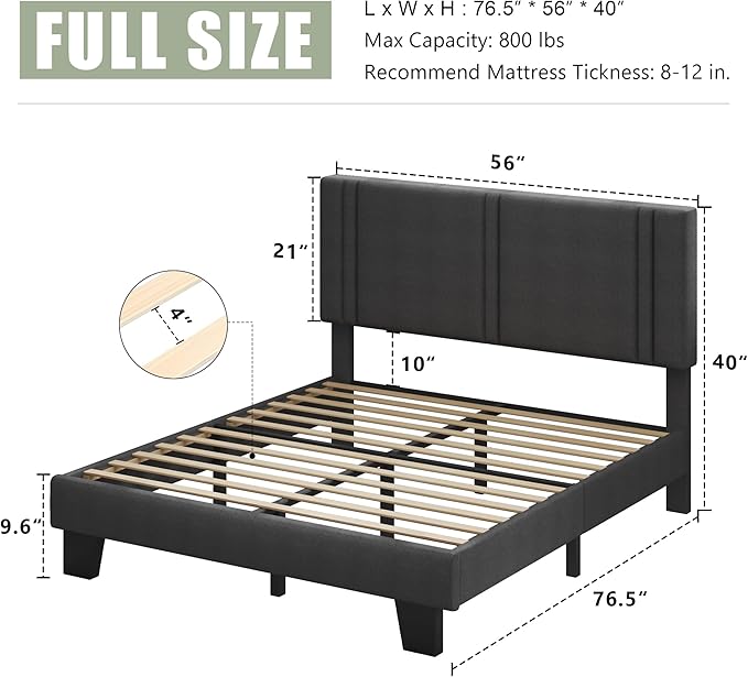 Feonase Full Size Platform Bed Frame, Fabric Upholstered Full Bed Frame, Solid Wood Slats & Heavy Duty Feet Support, No Box Spring Needed, Noise-Free, Easy Assembly, Dark Grey