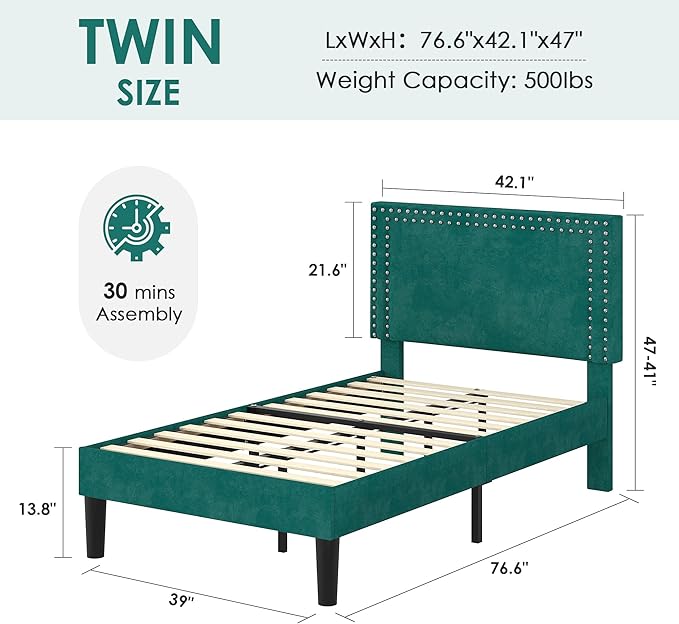 VECELO Twin Size Platform Bed Frame with Height Adjustable Upholstered Headboard, Modern Mattress Foundation,Strong Wood Slat Support, No Box Spring Needed, Easy Assembly, Dark Green