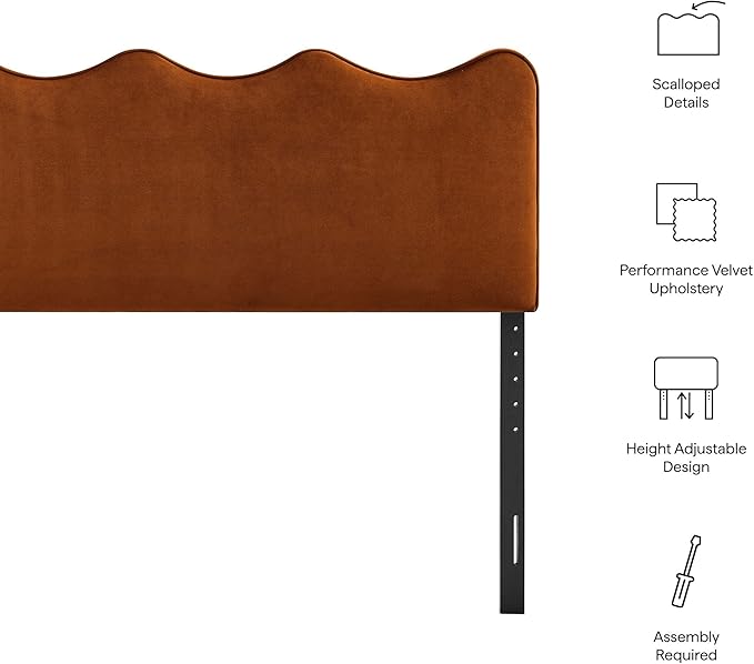 Monday Athena Queen Size Performance Velvet Adjustable Headboard in Rust - with Scalloped Wave Design and Stain-Resistant Velvet Upholstery