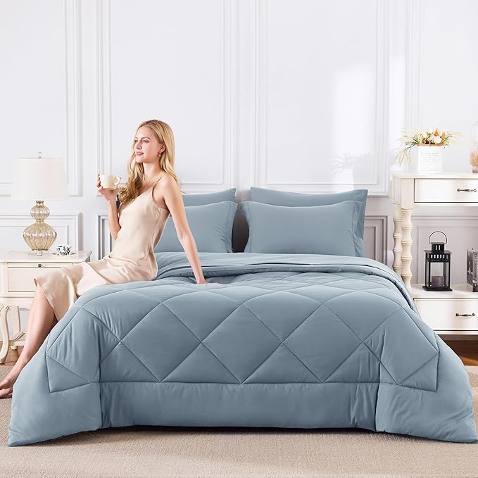 CozyLux Oversized King Comforter Set Dusty Blue, 7 Pieces Bed in a Bag Comforter Set with Sheets, All Season Bedding Set with Down Alternative Comforter, Sheets, Pillowcases & Shams