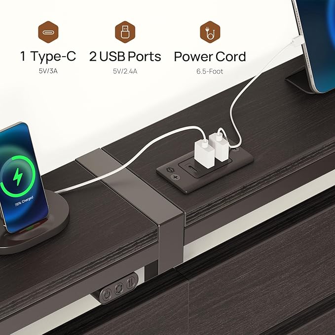 Rolanstar Full Size Bed Frame with USB Charging Station, LED Bed Frame with Wood Storage Headboard, Black Metal Platform Bed with Under Bed Storage, No Box Spring Needed, Noise Free
